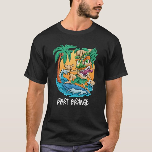 Surfing Tiki Man Port Orange Florida Beach Vacatio T-Shirt (Front)
