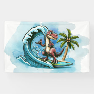 Surfing tropical dinosaur banner