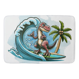 Surfing tropical dinosaur bath mat