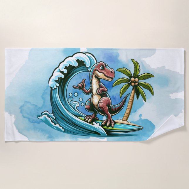 Surfing tropical dinosaur beach towel (Front)