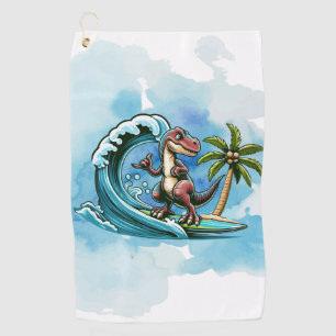Surfing tropical dinosaur golf towel