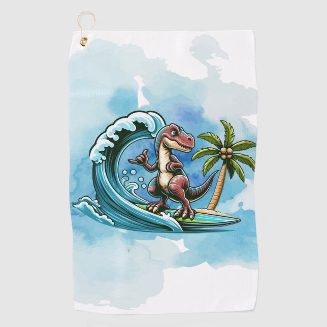 Surfing tropical dinosaur golf towel (Front)