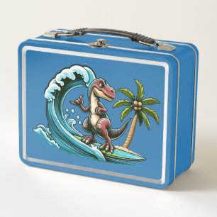 Surfing tropical dinosaur metal lunch box