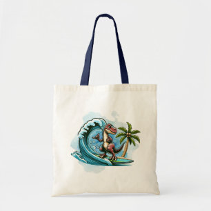 Surfing tropical dinosaur tote bag
