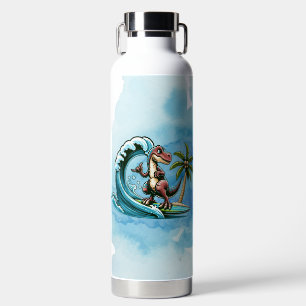 Surfing tropical dinosaur water bottle