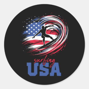 Surfing Usa American Flag Surfer Patriotic Classic Round Sticker