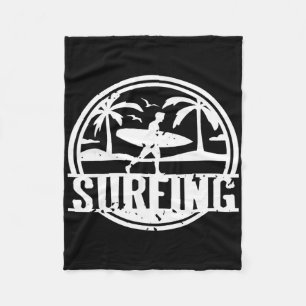 Surfing Vintage Palm Trees Ocean Sunset Scene Fleece Blanket