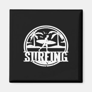 Surfing Vintage Palm Trees Ocean Sunset Scene Magnet