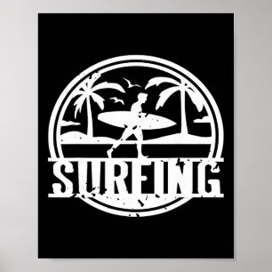Surfing Vintage Palm Trees Ocean Sunset Scene Poster