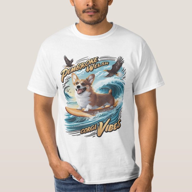 Surfing Welsh Corgi Catching Big Wave T-Shirt (Front)