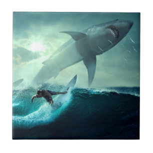 Surfing with Sharks Ceramic Tile