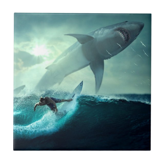 Surfing with Sharks Ceramic Tile (Front)