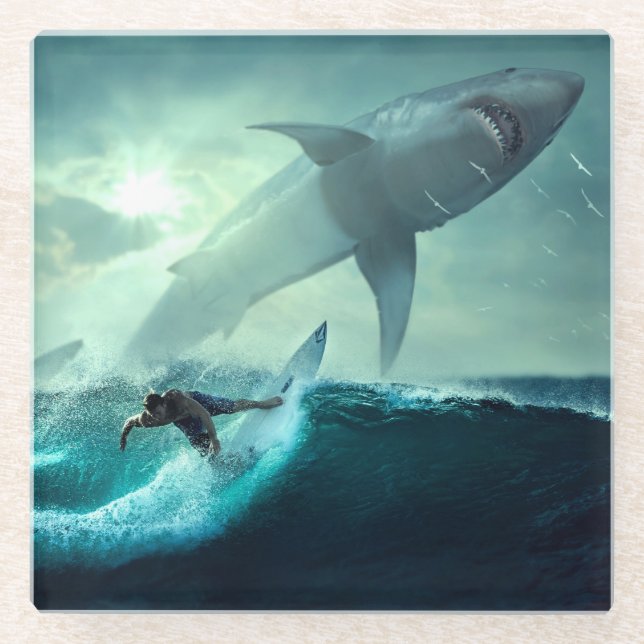 Surfing with Sharks Glass Coaster (Front)