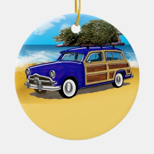 Surfing Woodie with Christmas Tree Ceramic Ornament (Front)