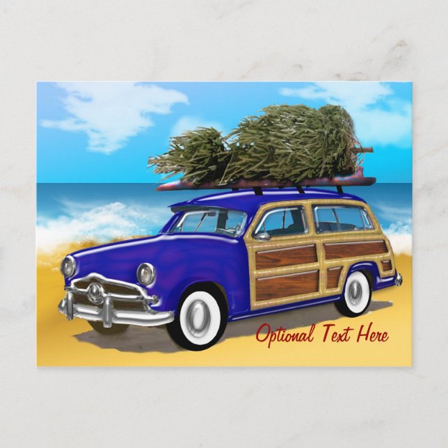 Surfing Woodie with Christmas Tree Holiday Postcard (Front)