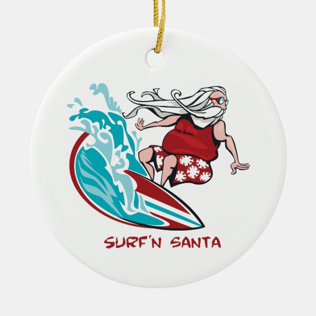 Surf'n Santa Ceramic Tree Decoration (Front)