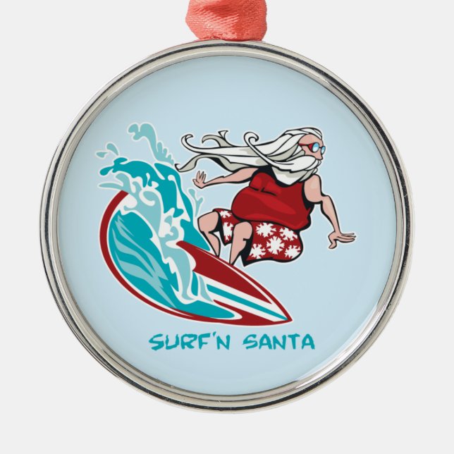Surf'n Santa Metal Tree Decoration (Front)