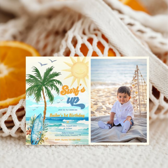 Surfs Up Beach 1st Birthday Photo  Invitation (Creator Uploaded)