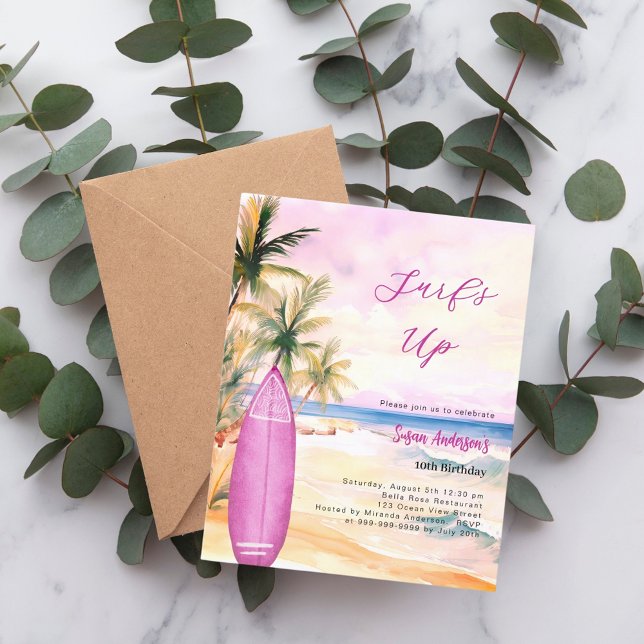 Surf's up beach surfboard girl birthday invitation (Creator Uploaded)