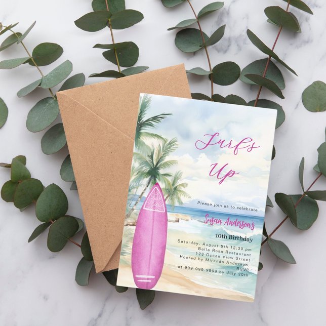Surf's up beach surfboard pink girl birthday party invitation (Creator Uploaded)