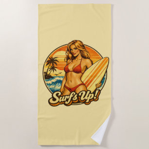 Surf's Up Bikini Pin-Up Retro Surf Shop Graphic Beach Towel