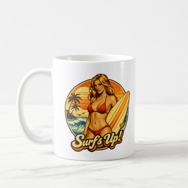 Surf's Up Bikini Pin-Up | Retro Surf Shop Graphic Coffee Mug (Left)