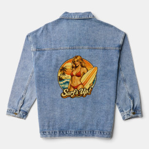 Surf's Up Bikini Pin-Up Retro Surf Shop Graphic Denim Jacket