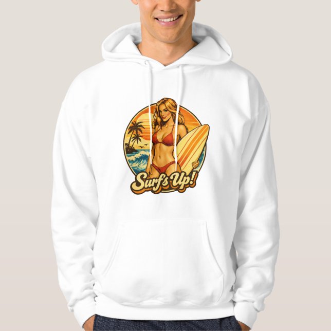 Surf's Up Bikini Pin-Up | Retro Surf Shop Graphic Hoodie (Front)