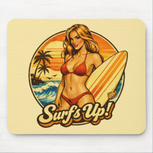 Surf's Up Bikini Pin-Up Retro Surf Shop Graphic Mouse Pad