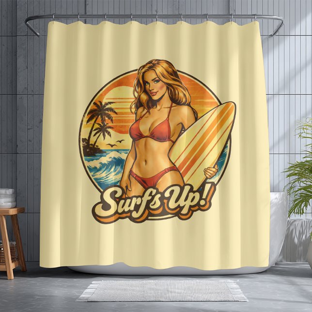 Surf's Up Bikini Pin-Up | Retro Surf Shop Graphic Shower Curtain (Creator Uploaded)