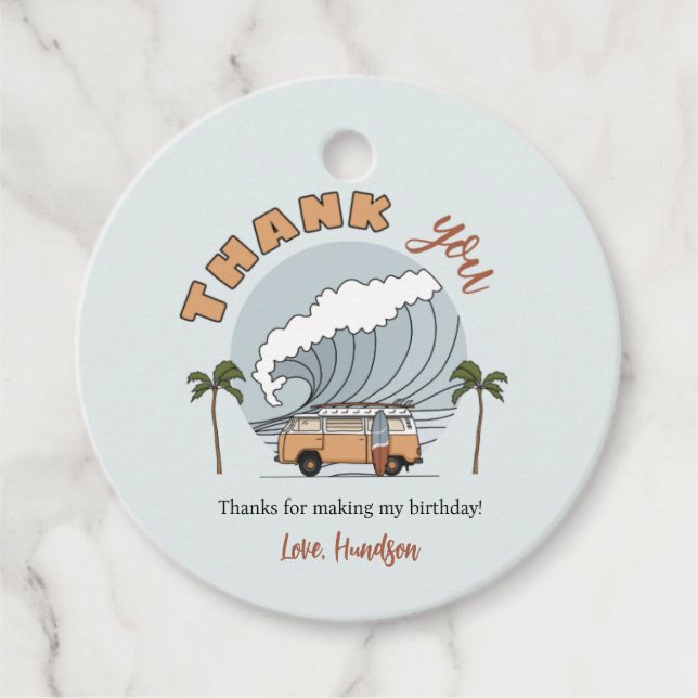 Surf's Up Birthday Circle Thank You Tag (Front)
