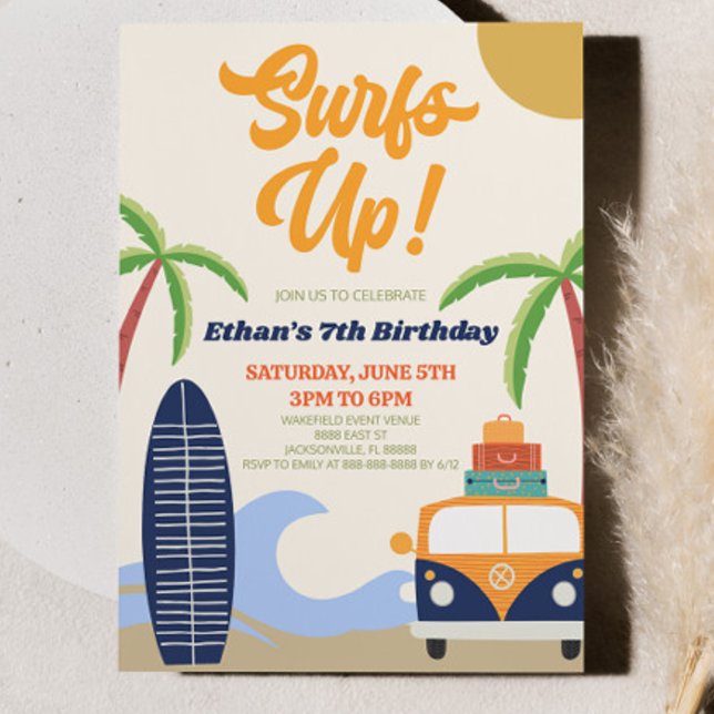 Surfs Up! Blue Beach Surf Modern Birthday Party Invitation (Creator Uploaded)