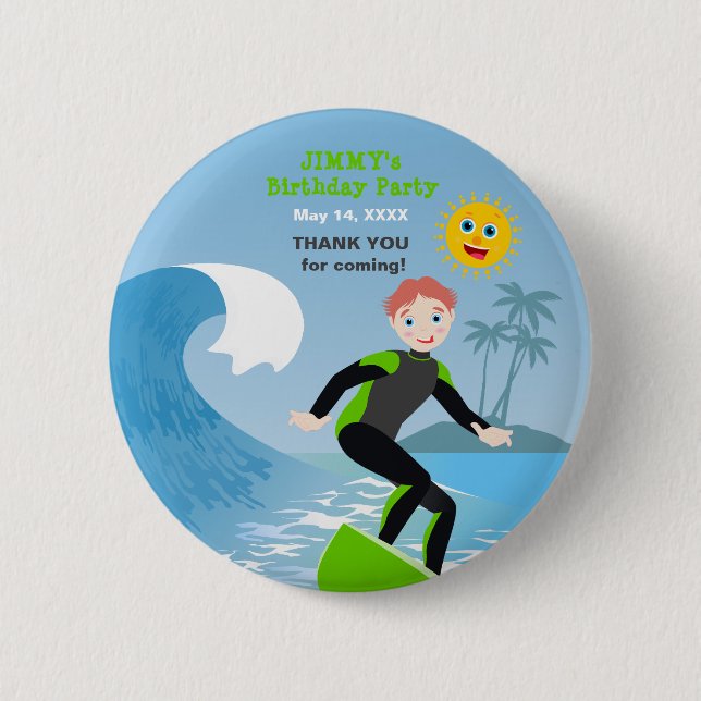 Surf's up boy Birthday Party 6 Cm Round Badge (Front)