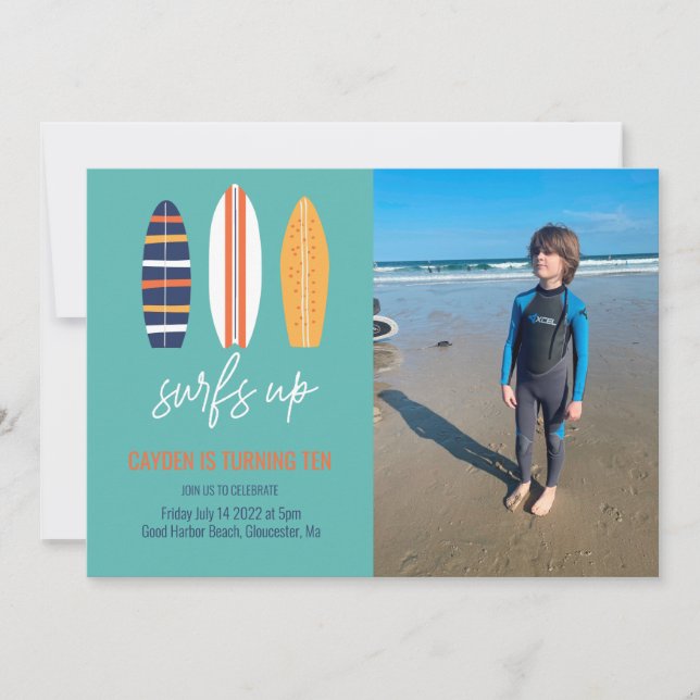Surfs Up BOY Surfboard beach Birthday Party photo Invitation (Front)