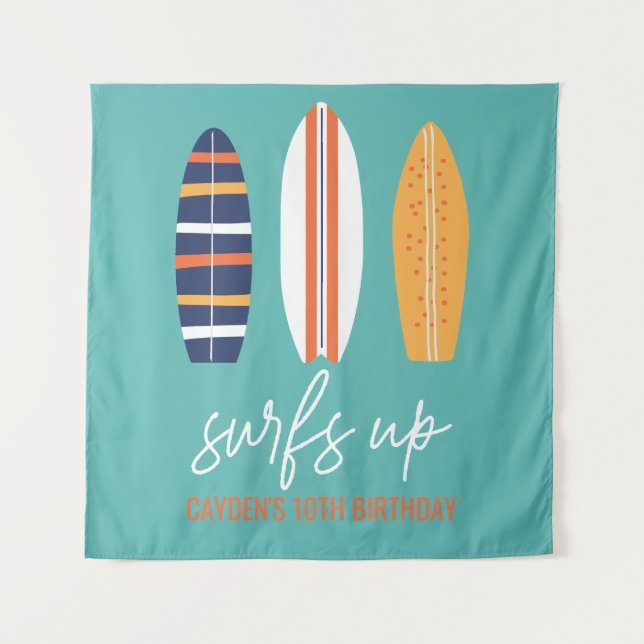 Surfs Up BOY Surfboard beach Birthday Party Tapestry (Front)