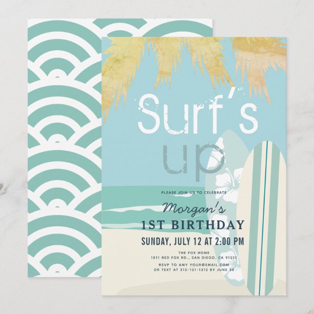 Surf's Up Boy Surfboards Beach 1st Birthday Invitation (Front/Back)