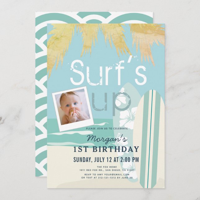 Surf's Up Boy Surfboards Beach Photo 1st Birthday Invitation (Front/Back)