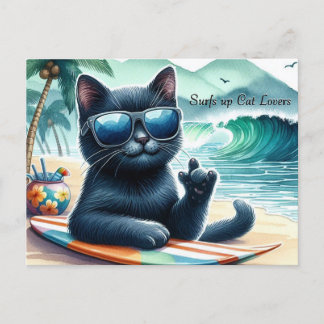 Surfs up   Cat Lovers Cool Black Cat  Postcard