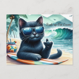 Surfs up   Cat Lovers Cool Black Cat  Postcard