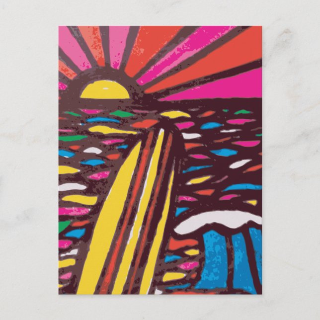Surfs Up Folk Art Seascape Surfer Abstract Postcard (Front)