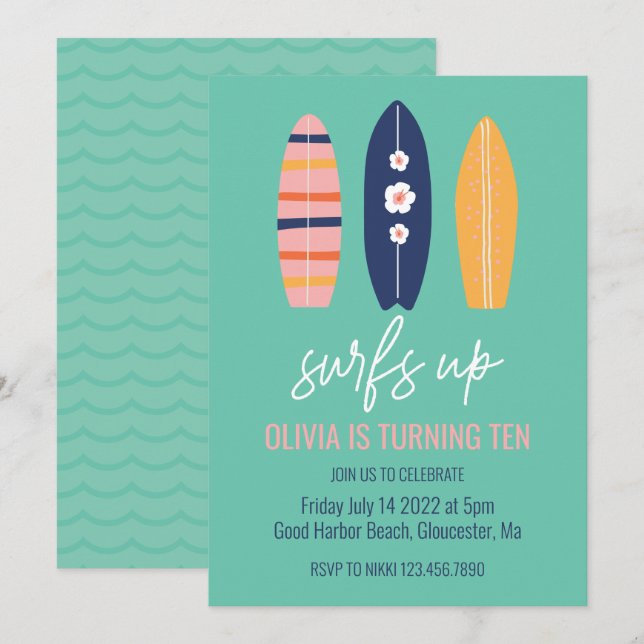 Surfs Up Girl Surfboard beach Birthday Party Invitation (Front/Back)