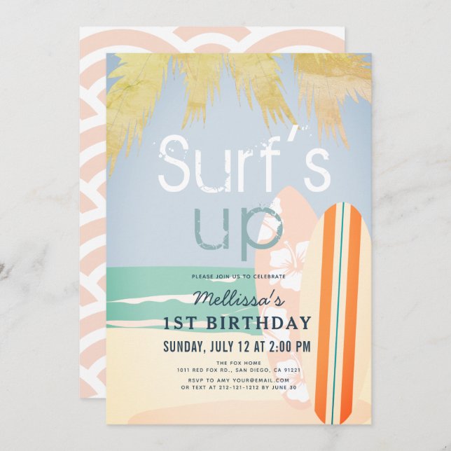 Surf's Up Girl Surfboards Beach 1st Birthday Invitation (Front/Back)