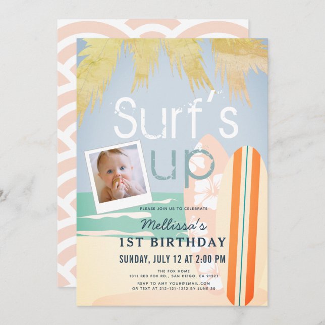 Surf's Up Girl Surfboards Beach Photo1st Birthday Invitation (Front/Back)