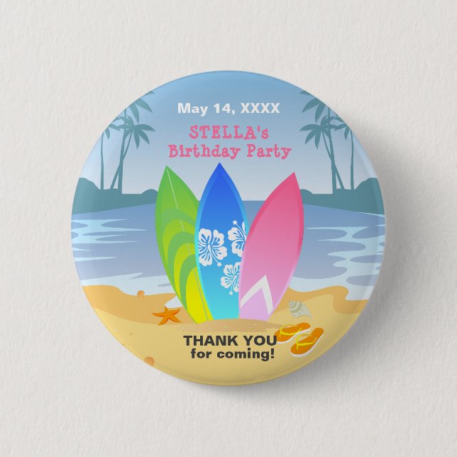 Surf's up Girly Birthday Party 6 Cm Round Badge (Front)