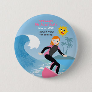 Surf's up Girly Birthday Party 6 Cm Round Badge