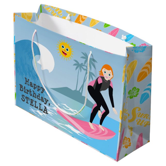 Surf's up Girly Birthday Party Large Gift Bag (Back Angled)