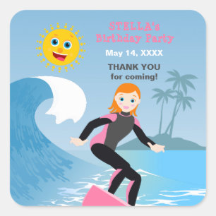 Surf's up Girly Birthday Party Square Sticker