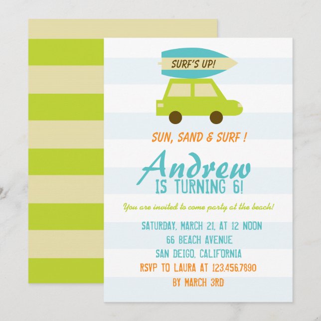 Surf's Up/Green and Blue Stripes/Birthday Party Invitation (Front/Back)