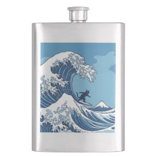 Surf's Up, Kanagawa – The Great Wave Cat Surfer Hip Flask