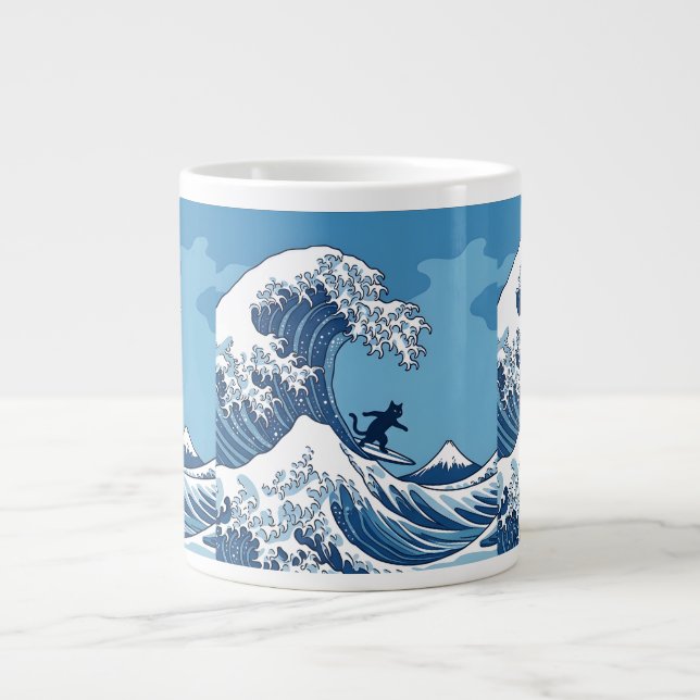 Surf's Up, Kanagawa – The Great Wave Cat Surfer Large Coffee Mug (Front)